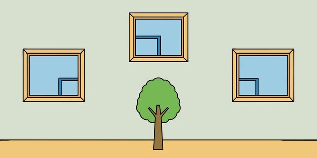 Flat tree with photo frames on the wall