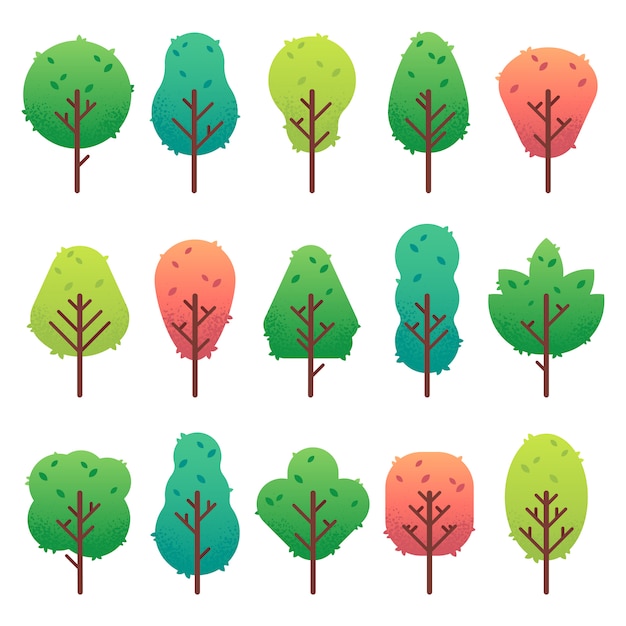 Vector flat trees set. garden tree trunk, bush and pine. nature green landscape isolated