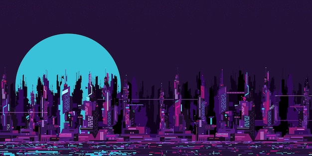 Flat Trendy Abstract Futuristic Scifi Cyber Space City Landscape Vector Illustration