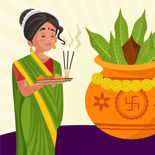 Flat ugadi banner design with the woman doing worship