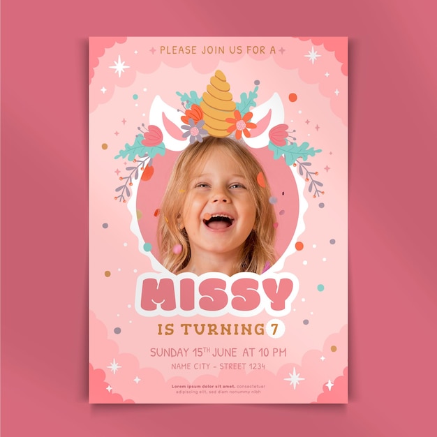 Vector flat unicorn birthday invitation with photo