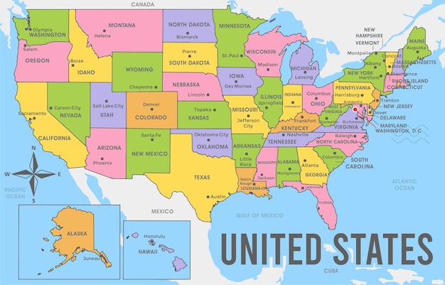 Vector flat united states map with border line