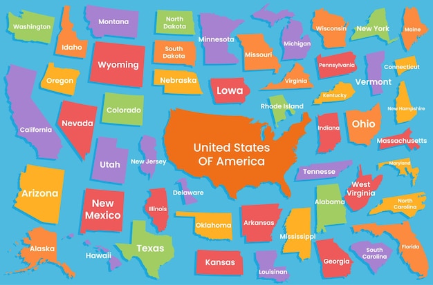 Flat United States Map With Separate States Name