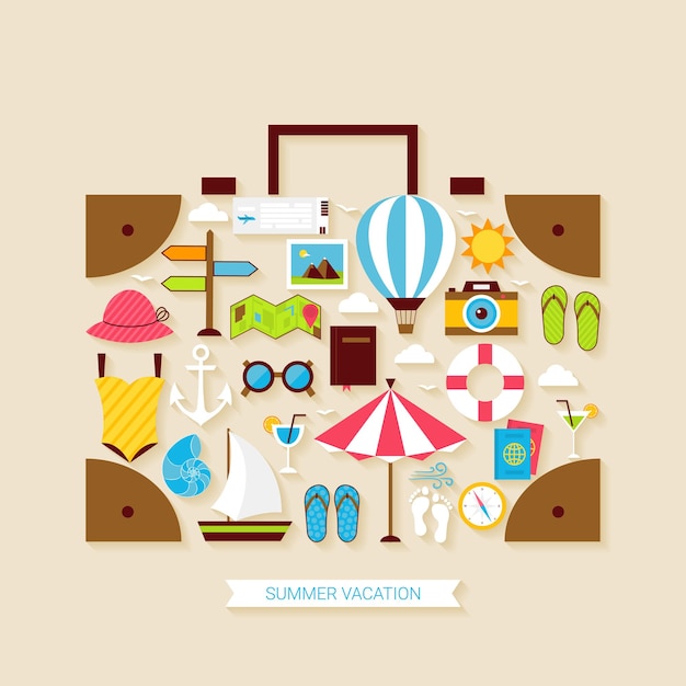 Flat vacation travel summer holiday objects set. vector illustration of travel objects suitcase shaped