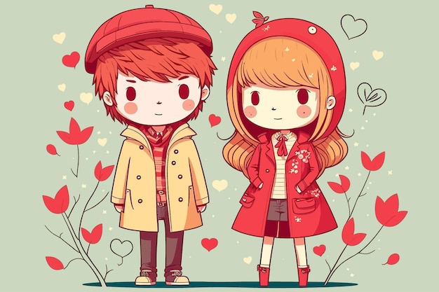 만화 스타일, 그림에서 아름 다운 커플 플랫 발렌타인 배경