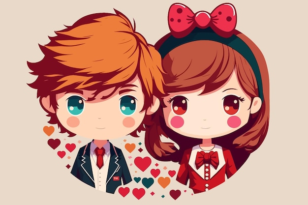 애니메이션 스타일, 일러스트레이션의 귀여운 커플이 있는 플랫 발렌타인 배경