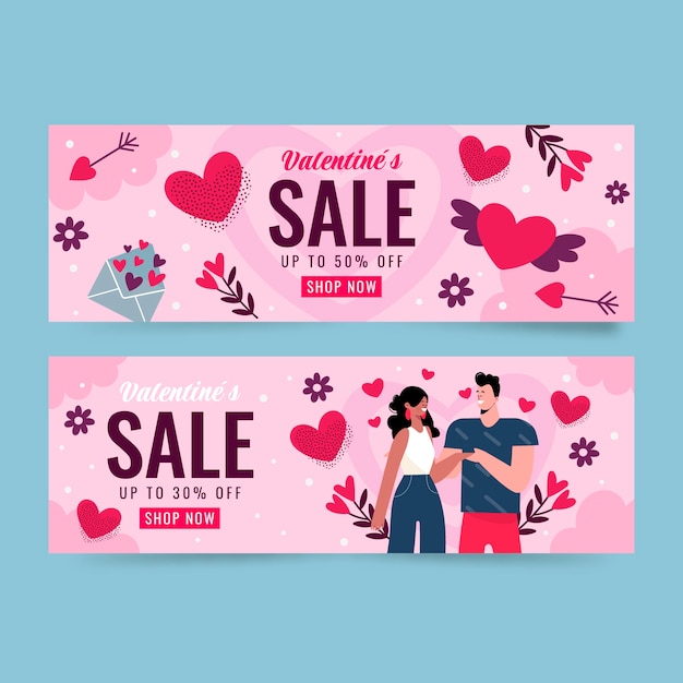 Flat valentine's day sale horizontal banners set