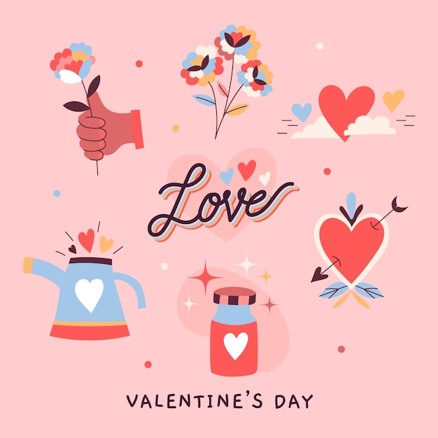 Flat valentine's day stickers collection