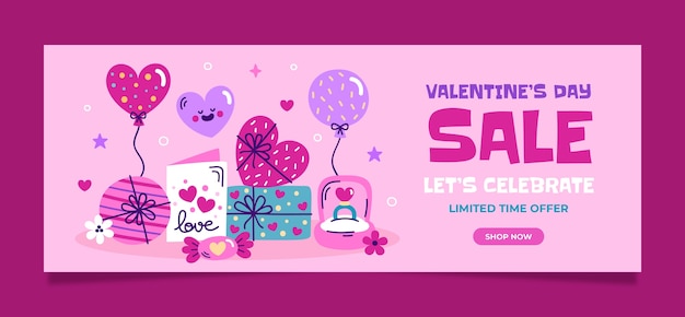 Vector flat valentines day celebration horizontal sale banner template