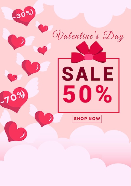 Flat Valentines Day Sale Background Decoration with Flying Hearts and Clouds