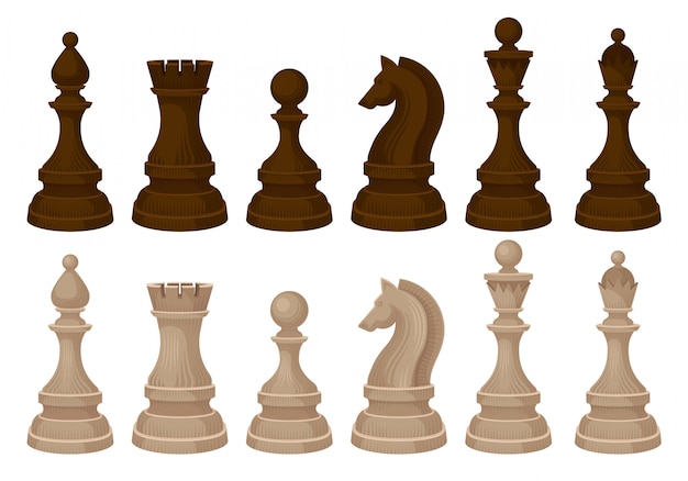 Плоские vecror набор шахматных фигур. коричневые и бежевые деревянные фигуры. стратегическая настольная игра