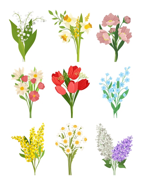 Flat vectoe set of cute spring bouquets beautiful flowers nature and flora theme design for greeting