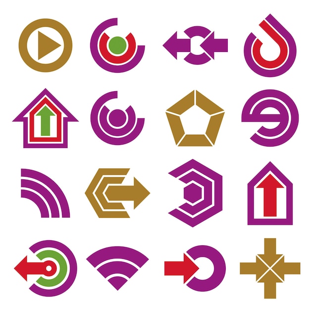 Flat vector app buttons. Collection of arrows, direction icons and different business corporate graphic symbols.