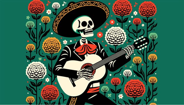 Vector flat vector art of a mariachi skeleton playing a guitar with a vibrant background of cempasuchil