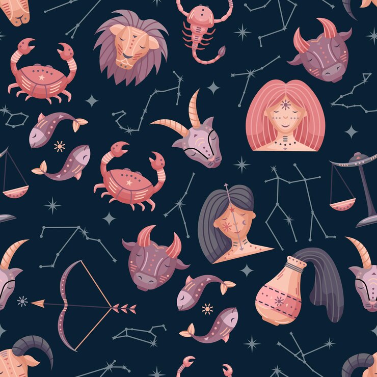 Vector flat vector astrology seamless pattern with zodiac signs