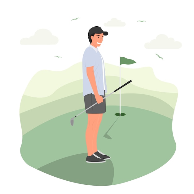 Flat Vector athlete man playing golf in golf course