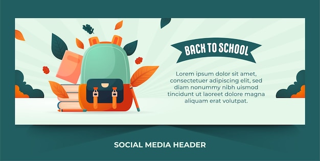 ベクトル ソーシャル メディアのヘッダー デザインのバックパックと学校の背景に戻るフラット ベクトル