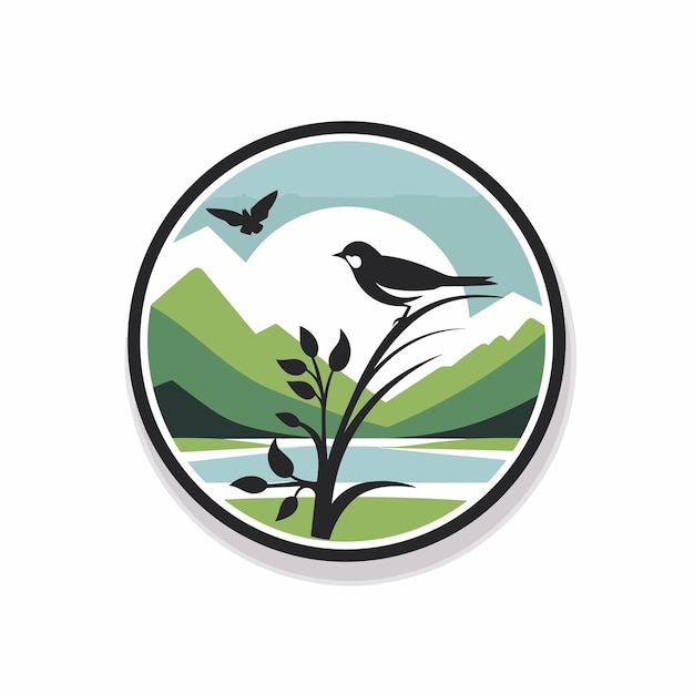 Flat vector of a bird perched on a tree by a serene lake