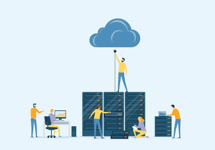 Vector flat vector business datacenter technology with cloud computing service concept