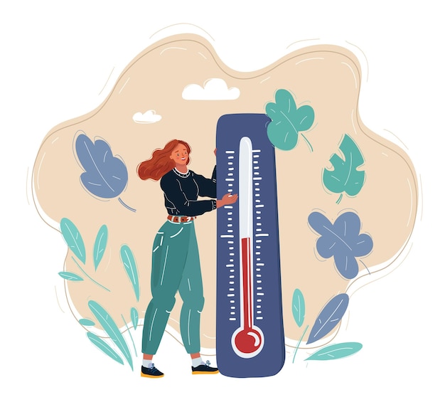 Flat vector of carefree young woman with giant scale thermometer cartoon web illustration for warm summer vacation season and meteorological forecast