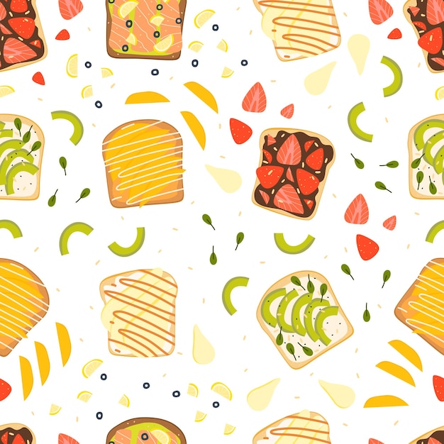 Flat vector cartoon seamless sandwich pattern. Toasts with sweet and salty fillings.