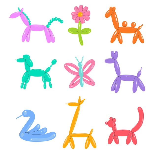 A flat vector cartoon set of balloons in the shape of various animals, a flower and a butterfly.