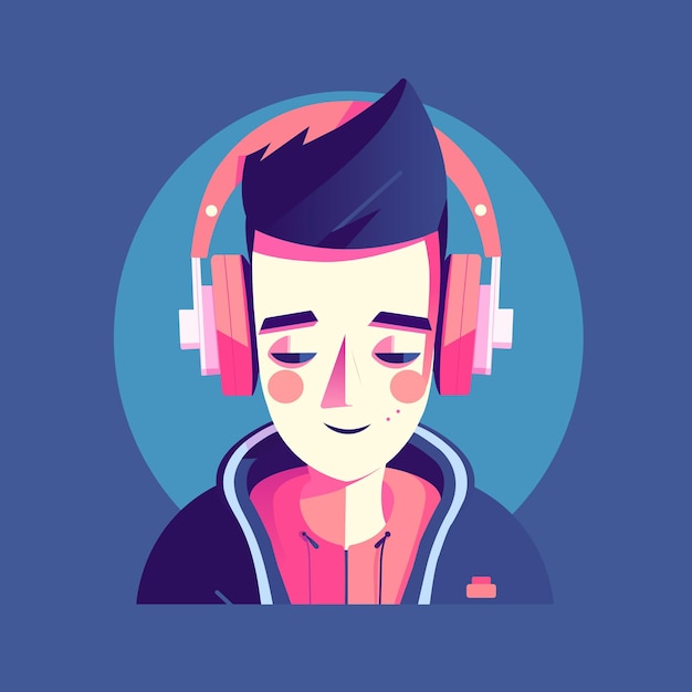 Flat vector character listening to music