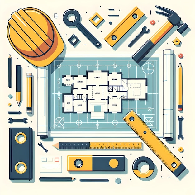 Vector flat vector of construction blueprint with essential tools