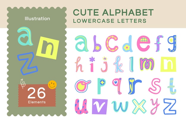 Flat vector cute alphabet lowercase letters