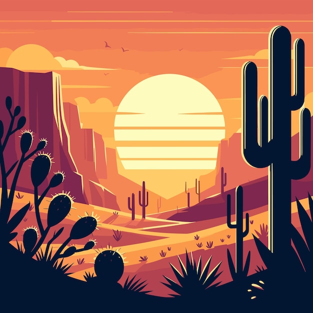 flat Vector desert sunset silhouette landscape cartoon background with wild cactus canyon mountain