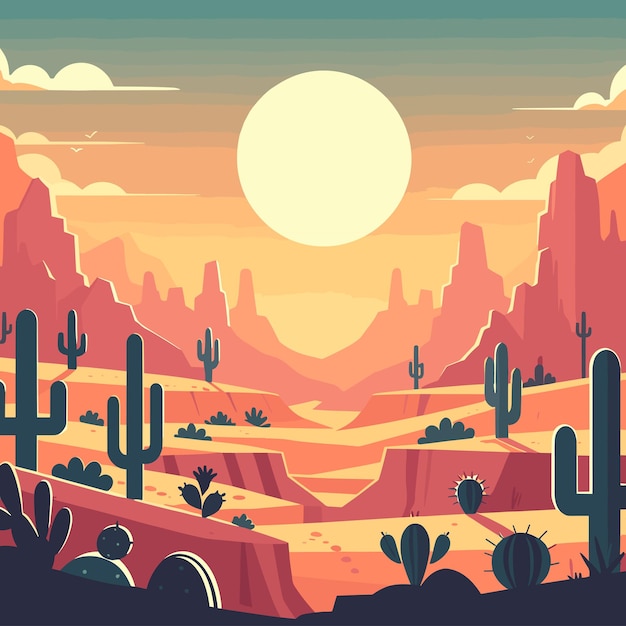 flat Vector desert sunset silhouette landscape cartoon background with wild cactus canyon mountain