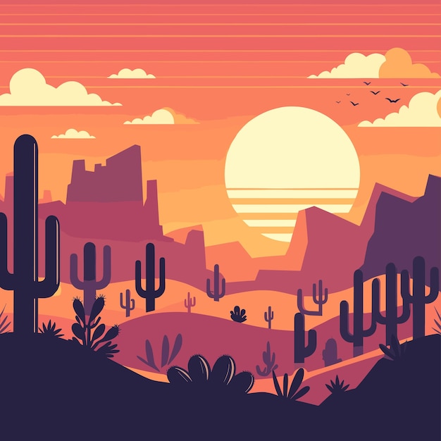 Vector flat vector desert sunset silhouette landscape cartoon background with wild cactus canyon mountain