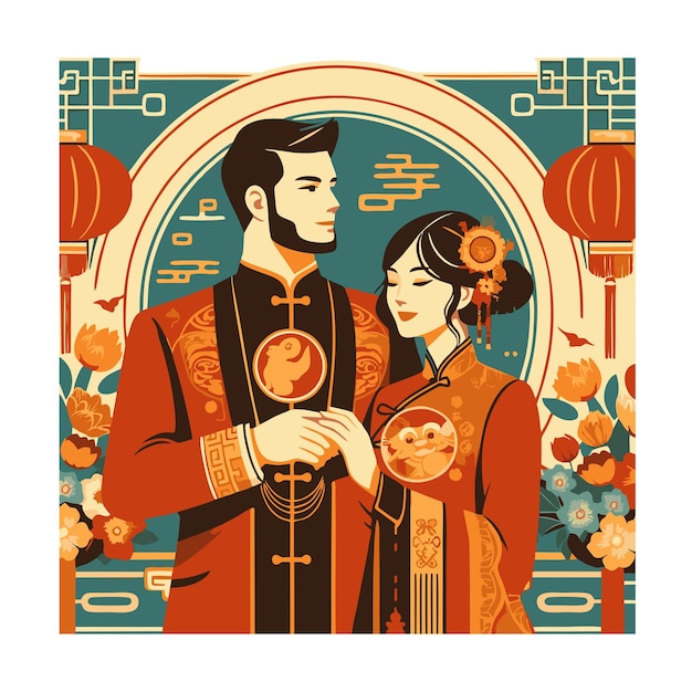 Vector flat vector design of a beautiful couple on chinese new years day in art nouveau style