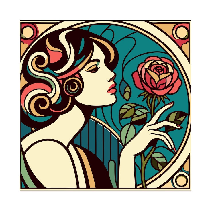 वेक्टर flat vector design of a beautiful woman holding a rose flower