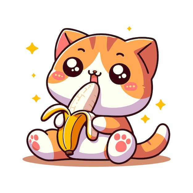 плоский векторный дизайн кошачьего персонажа, съедающего банан