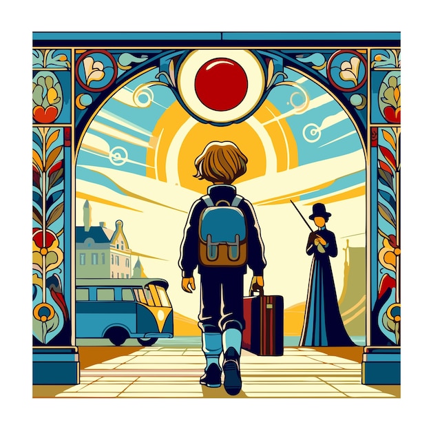 Vector flat vector design of child going to school in art nouveau style