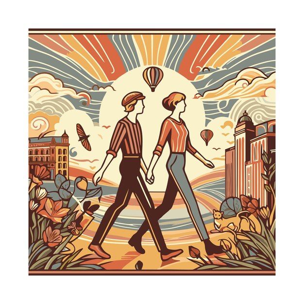 flat vector design of a couple of friends walking together in the park