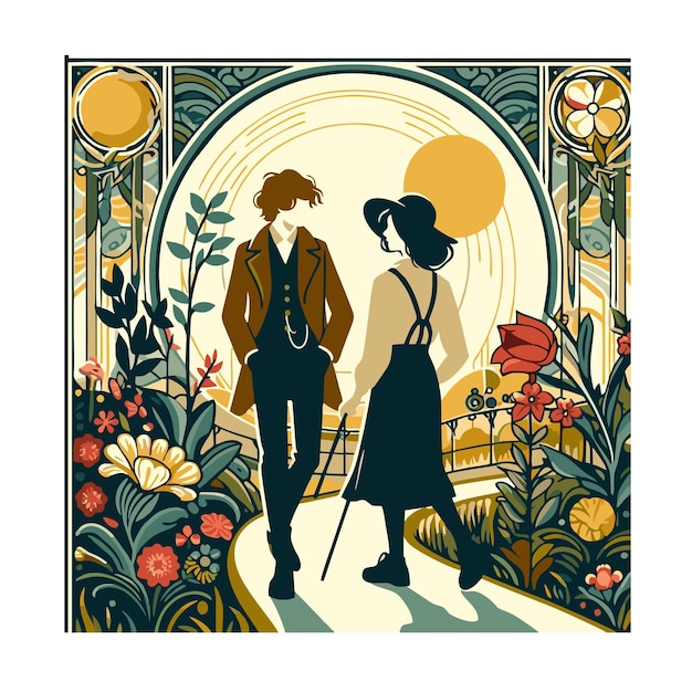 Vector flat vector design of a couple of friends walking together in the park