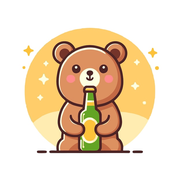 ビールボトルを握っている可愛いクマのキャラクターの平らなベクトルデザイン