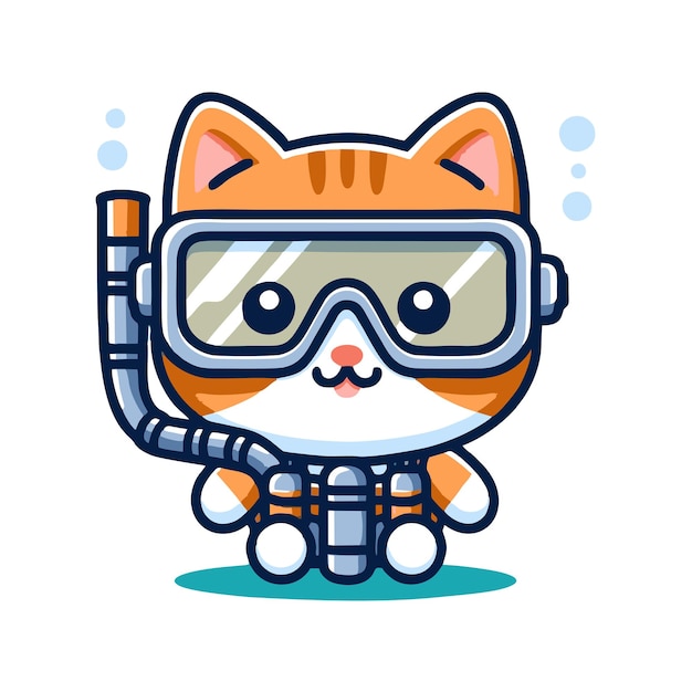Vector flat vector design of cute cat character using diving equipment
