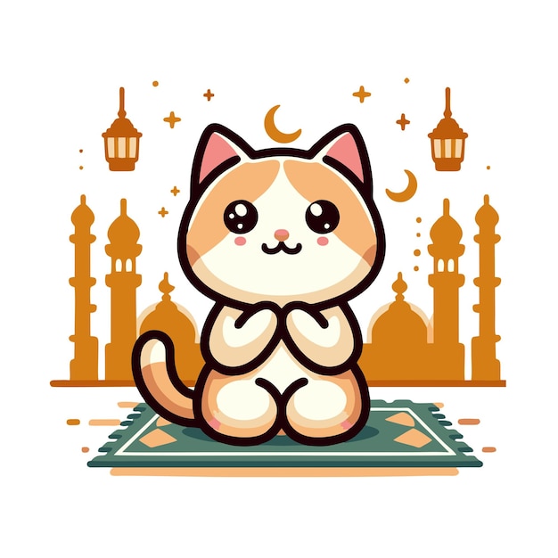 Vector flat vector design of cute muslim cat praying