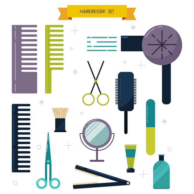 Flat vector design elements of hairdresser Trendy set with beauty haircut accessories