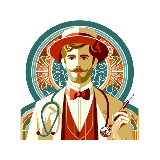 Vector flat vector design of a handsome doctor in art nouveau style