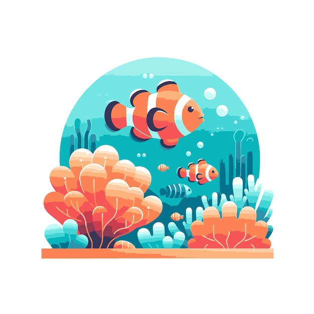 flat vector design illustration of nemo fish in the sea and coral