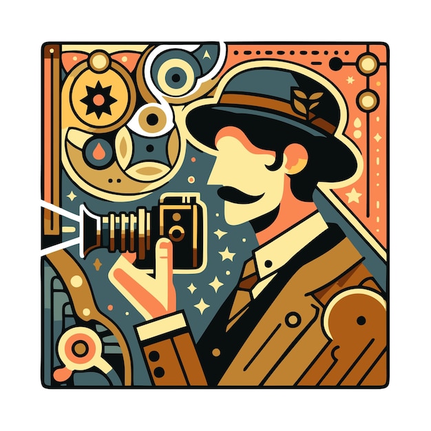 Vector flat vector design of a photographer with an old school camera wearing a hat in art nouveau style