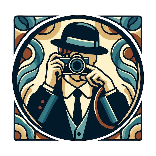 flat vector design of a photographer with an old school camera wearing a hat in art nouveau style