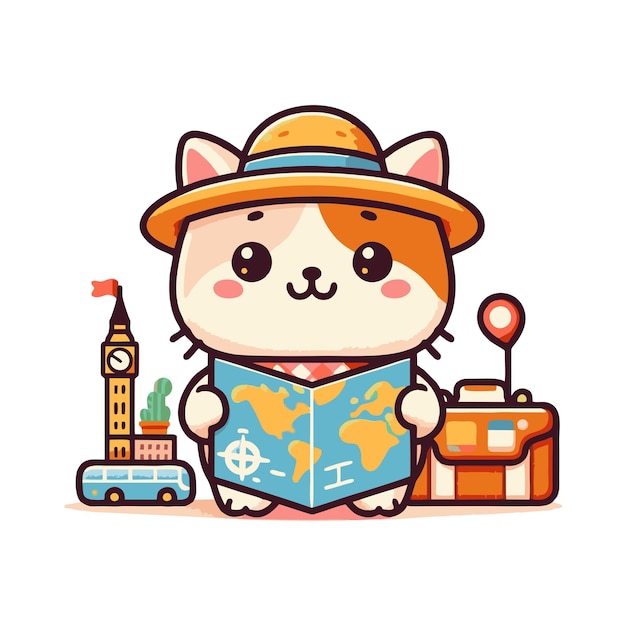 손에 가방과 지도가 있는 관광 고양이 캐릭터의 평평한 터 디자인