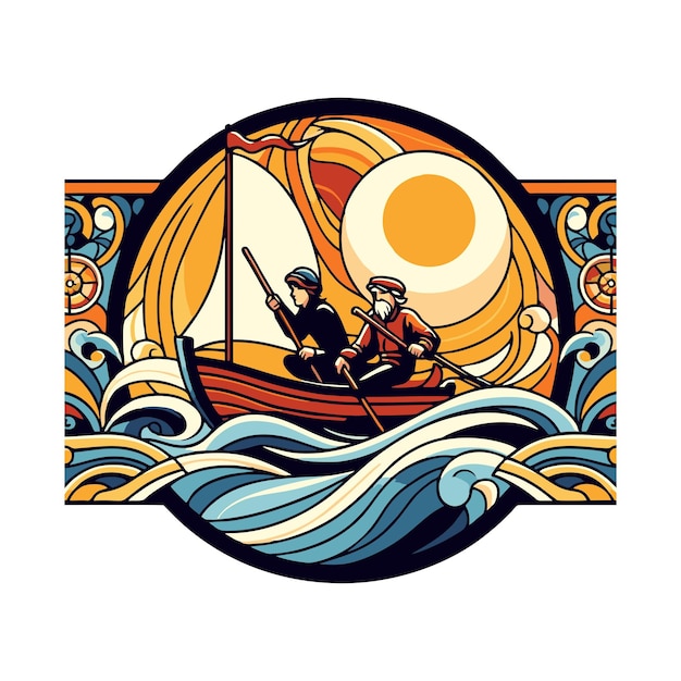 flat vector design of two pairs of friends rowing a boat in the middle of a lake