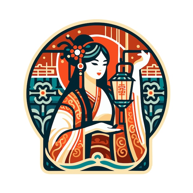 flat vector design of woman holding a lantern in art nouveau style