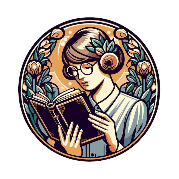 flat vector design of a woman wearing glasses in art nouveau style